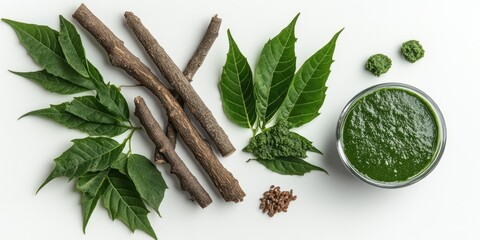 Medicinal Neem leaves displayed with paste and twigs on a clean white background, highlighting the versatile uses of Neem leaves for health and wellness. Perfect for showcasing the benefits of Neem