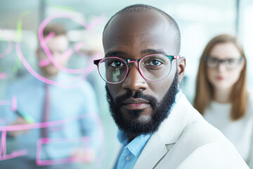 Fototapeta premium A man with glasses and a beard is standing in front of a whiteboard with pink