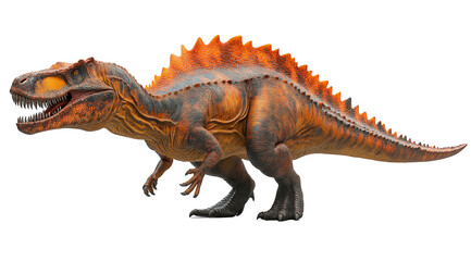 Fototapeta premium Fiery Spinosaurus Rex: A detailed, photorealistic model of a Spinosaurus Rex, showcasing its fiery orange and brown scales, in a dynamic pose.