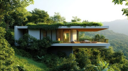 Contemporary house built on a mountain slope, surrounded by dense tropical forest, green roof with vegetation and spacious terrace background AI generated image