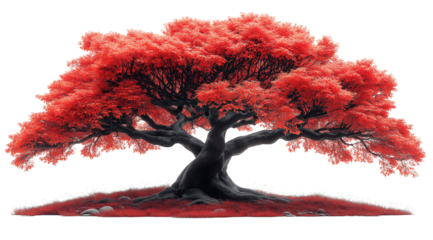 Crimson Majesty: A majestic red tree stands tall and proud, its branches reaching towards the sky in a vibrant display of life and resilience.