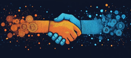 Cryptocurrency Partnership Symbolized by a Fintech Handshake with Digital Currency Connections.