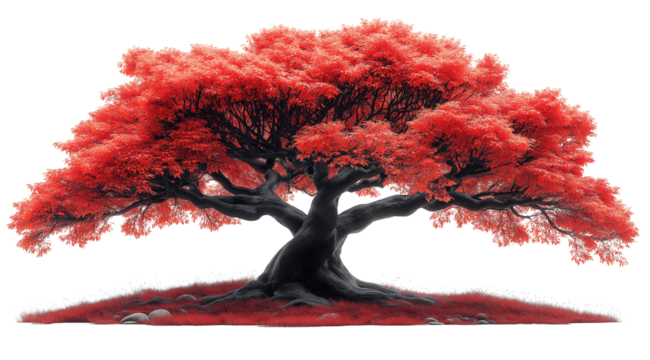 Crimson Majesty: A majestic red tree stands tall and proud, its branches reaching towards the sky in a vibrant display of life and resilience.