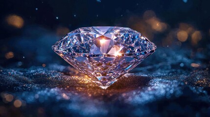 Fototapeta premium Sparkling diamond gemstone on dark background with illuminated facets.