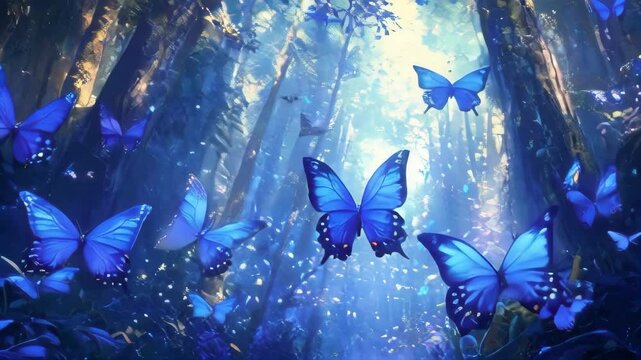 A swarm of vibrant blue butterflies flutter through a sun-dappled forest, creating a magical and enchanting scene. Ideal for nature documentaries, fantasy films, or dreamlike sequences.. AI Generation