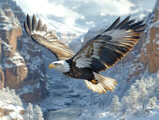 Obraz premium Bald eagle flying above grand canyon in the winter