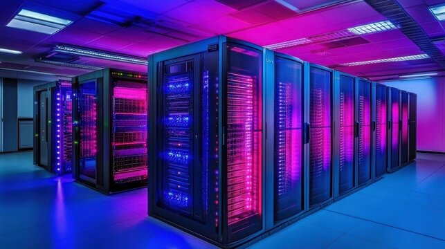 Colorful Server Room with LED Lights and Technology Vibes