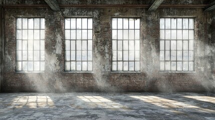 Empty room with four windows and sunlight shining through in loft.