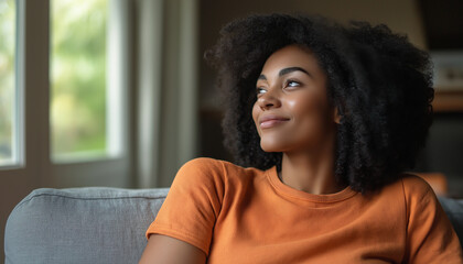 Fototapeta premium Peaceful Brazilian Woman Relaxing On Couch With Natural Light