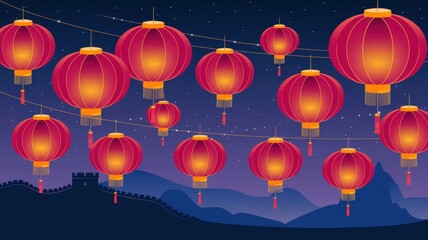 Obraz premium Vibrant Red Lanterns Starry Night Sky - Lunar New Year Celebration Illustration