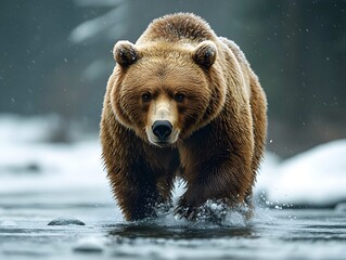 Grizzly brown bear searches for food on a winter day, Montana, USA