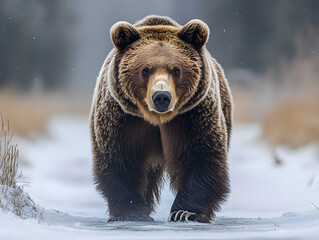 Grizzly brown bear searches for food on a winter day, Montana, USA