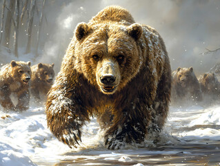 Grizzly brown bear searches for food on a winter day, Montana, USA