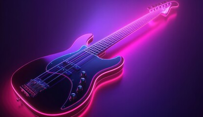 Obraz premium Electric bass guitar with purple neon outline on dark background.