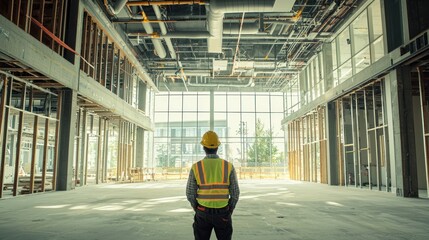 Worker oversees interior construction, open space, high ceilings.