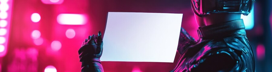 Obraz premium Cyborg with screen, lit by neon.