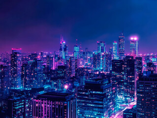 Obraz premium Night view of a modern city skyline with stars, warmly lit high-rise buildings reflecting on water or glass structures, traffic lights, and streetlights
