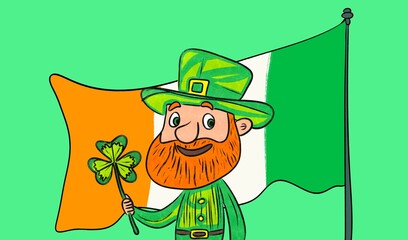 Cheerful leprechaun with shamrock and Irish flag for Saint Patrick's Day