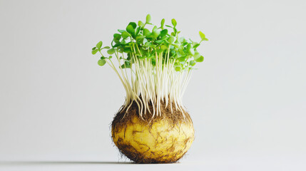 A spherical vegetable with glowing yellow tones on the root and bright green leaves, creating a...