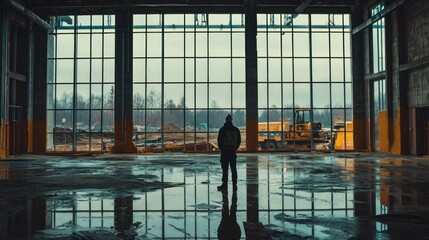 Man looks from inside building at construction vehicles.