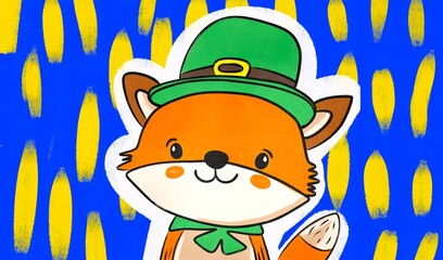 Cartoon fox celebrates Saint Patrick's Day with festive hat
