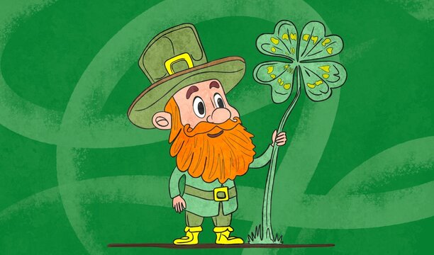 Joyful leprechaun with large clover celebrates St. Patrick's Day