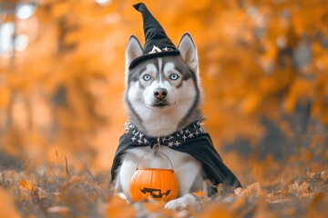 Siberian husky wearing witch hat, cape, holding jack-o-lantern bucket.