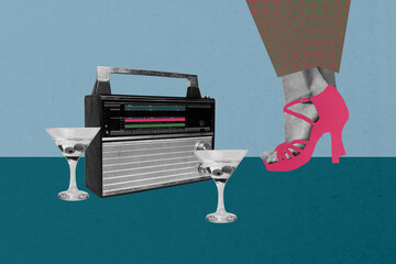 Template sketch trend artwork 3D photo collage of boombox rest party night leisure occasion...