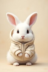 Obraz premium A fluffy white rabbit wearing a cozy, oversized cream hoodie, sitting calmly against a soft beige background