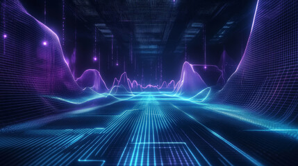 Digital technology abstract background with connected dots on 3d wave landscape. Concept of AI artificial intelligence, big data, data science, digital world, virtual reality, cyberspace, metaverse. 