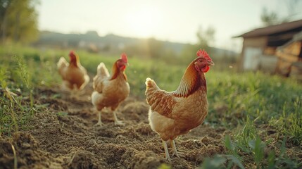 Three hens walking on a dirt path at sunset.