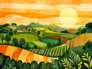 A peaceful rural scene showcases a lush, divided field, quaint houses, and tall trees framing the landscape under a warm, tranquil sky