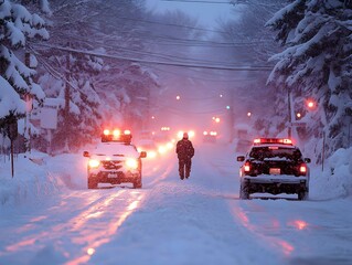 Police close a road because of very heavy snow drifts after a blizzard