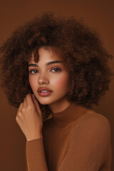 Fototapeta premium Portrait Of A Brazilian Woman With Curly Hair In Brown Turtleneck