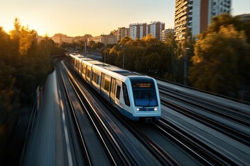 Obraz premium Moving train enters tunnel at sunset with city background.