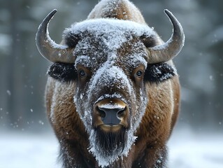 Snowy bison covered in snow in Yellowstone National Park