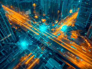 An urban night scene showcases advanced technology and connectivity with high-speed traffic streaks, intricate networks of digital lights representing data flow or global interconnectedness