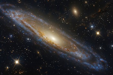 Obraz premium stunning image of distant galaxy with swirling clouds of cosmic dust and brilliant stars scattered throughout frame