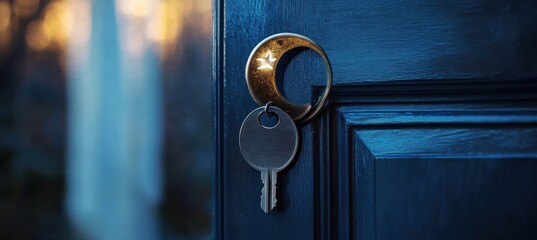 Door key with moon charm.
