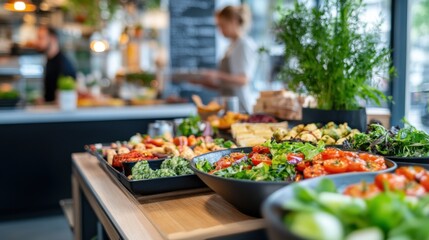 Fototapeta premium Fresh and Colorful Assorted Dishes on Wooden Table in Bright Restaurant with Greenery in Background
