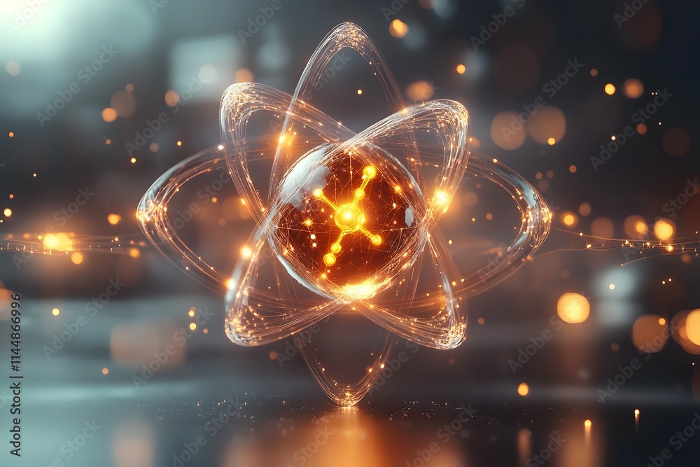 Poster exploded 3d revealing the intricate electron structure of a technetium atom and highlighting its div