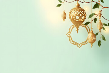 Obraz premium A serene background featuring elegant golden lanterns and decorative elements hanging from branches with green leaves. The soft mint green backdrop adds a calming touch, perfect for festive occasions.