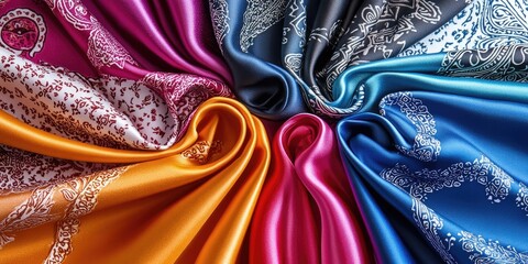 Assorted satin bandana fabric showcasing a variety of colors and patterns, ideal for various creative projects and fashion accessories, featuring beautiful satin texture in each piece.