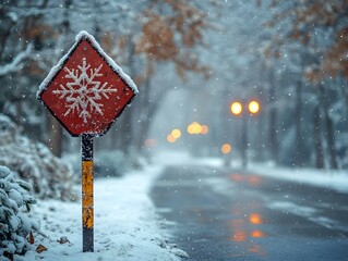 Winter storm season with snowflake symbol sign against a snowy background and copy space. Snow splattered and angled sign adds to the drama.