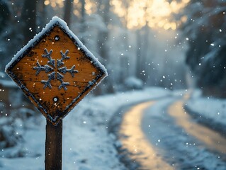 Winter storm season with snowflake symbol sign against a snowy background and copy space. Snow splattered and angled sign adds to the drama.