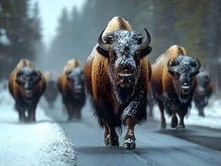 Snowy bison covered in snow in Yellowstone National Park