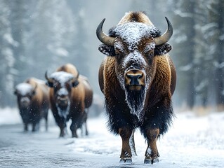 Snowy bison covered in snow in Yellowstone National Park