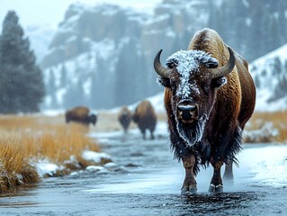 Snowy bison covered in snow in Yellowstone National Park