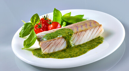 Seelachsrückenfilet, Fischfilet, grüne Sauce, 