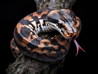 Obraz premium Python coiled on branch, tongue out.